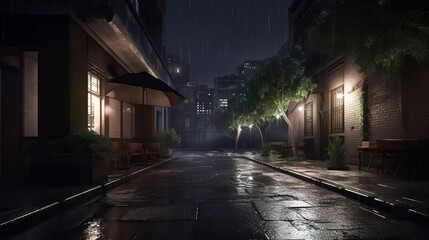 Night Street Scene with Rain and Urban Landscape