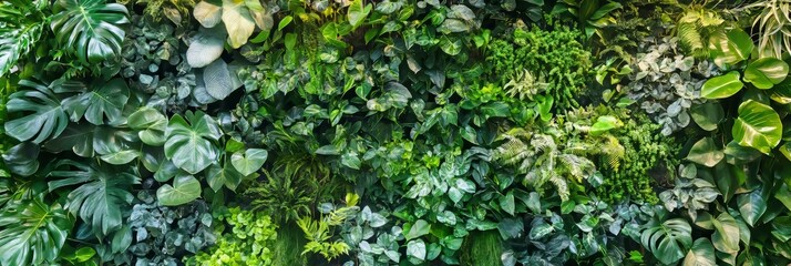 Lush Green Wall With Tropical Leaves And Plants Creating A Natural Textured Background With Foliage.