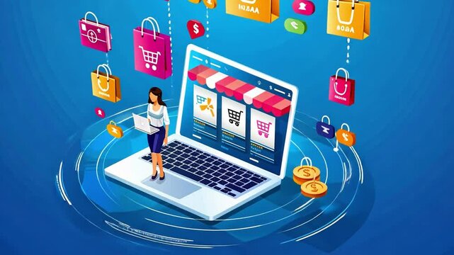 In a vibrant digital environment, a woman using a laptop explores an online shopping platform filled with shopping cart icons and payment symbols, highlighting the convenience of e-commerce.