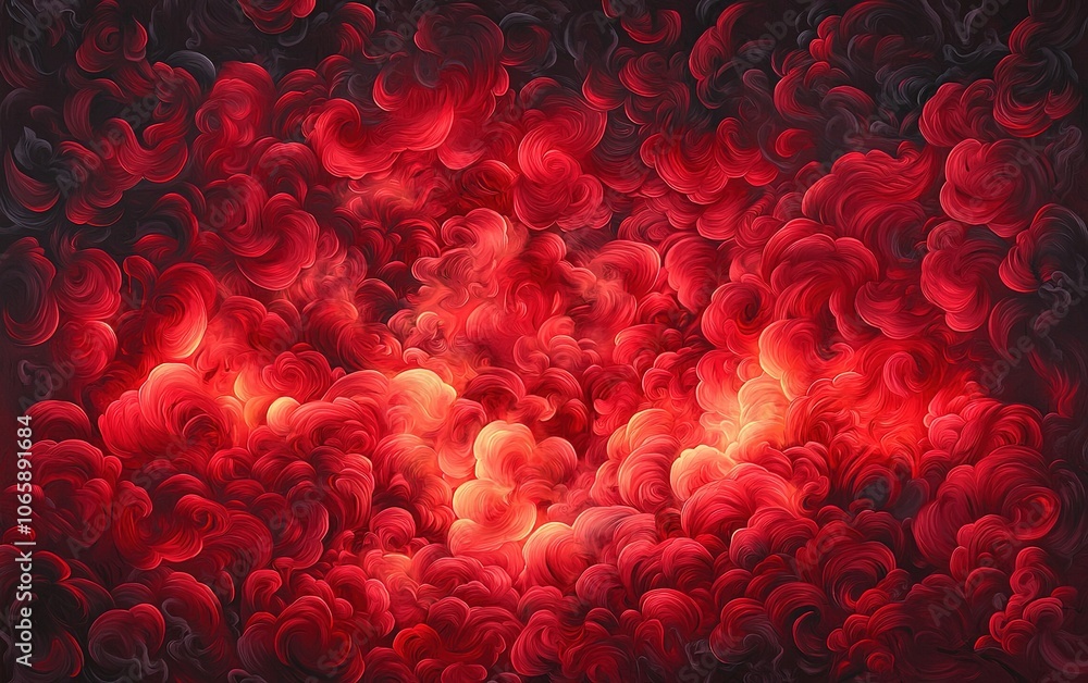 Poster vibrant red cloud formations fill the canvas with swirling patterns and dynamic textures, creating a