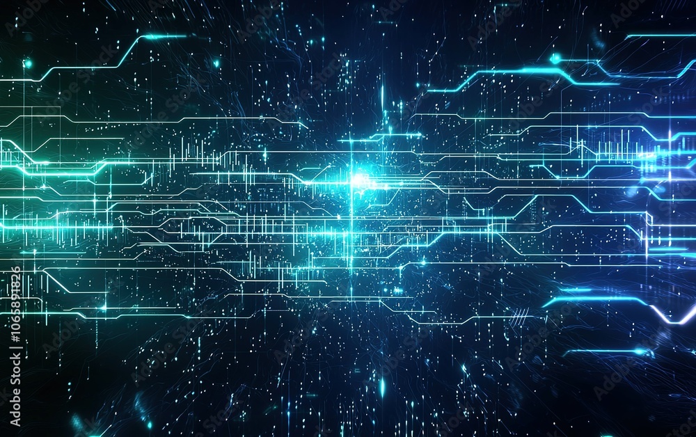 Poster illuminated digital circuitry design with vibrant blue and green lines against a dark background sho