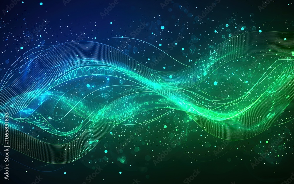 Poster abstract waves of light in shades of blue and green, creating a dynamic visual effect against a dark