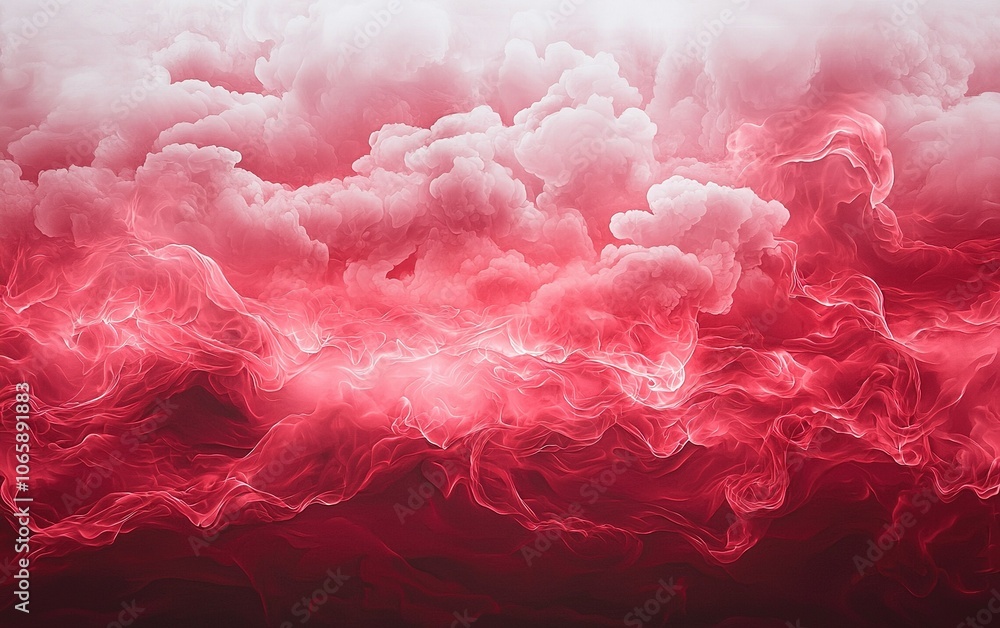 Poster abstract formation of swirling red and white clouds in a dynamic, energetic display of color against