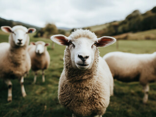 Fototapeta premium A small flock of sheep grazing in a scenic countryside field, with a clear sky and green grass. Ideal for pastoral or agricultural themes, evoking a sense of calm and rural life.