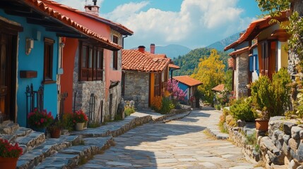 Obraz premium A traditional stone pathway winding through a village with colorful homes and clay-tiled roofs under clear blue skies.