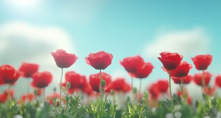 Obraz premium Vibrant red tulips blooming in a field against a serene blue sky