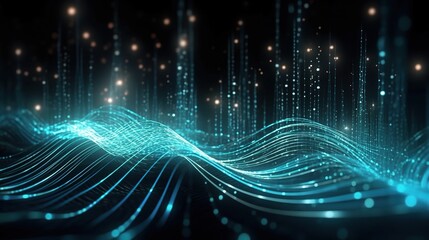 Abstract 3D Waves with Glowing Particles and Light Trails