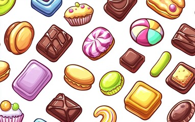 A colorful assortment of various candies, chocolates, and sweets scattered across a bright background, creating a delightful sugary landscape