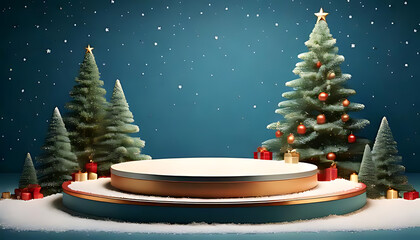 product podium features christmas tree snow scene render background holiday design decoration purposes