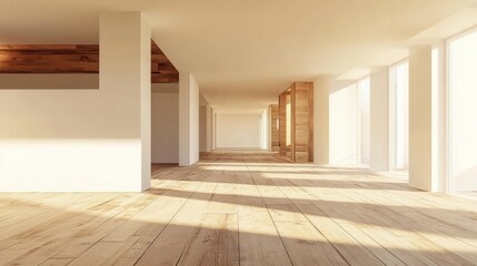 Fototapeta premium Wooden and white open space office interior with white wall