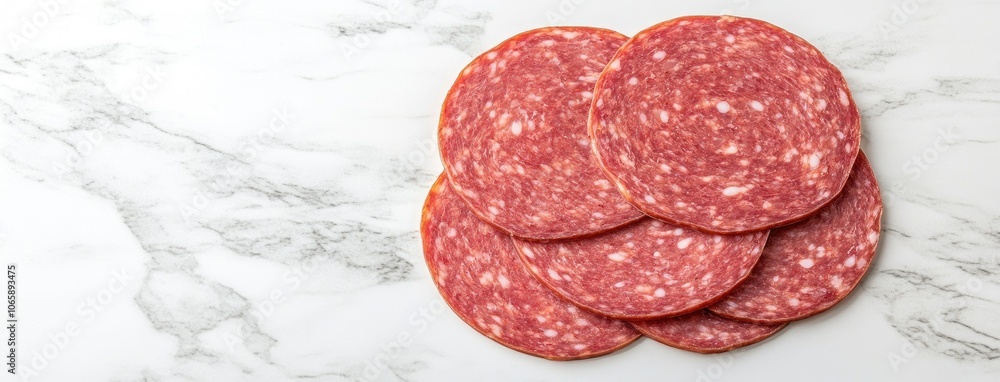 Poster sliced salami arranged artistically on a marble surface with ample space for text highlights and cre