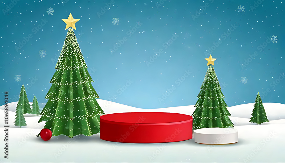 Poster realistic christmas scene cylinder stand green tree ball merry winter background product display vec