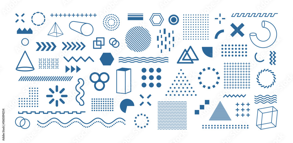 Poster set of geometric shapes design elements memphis style. vintage or retro halftone vector geometric sh