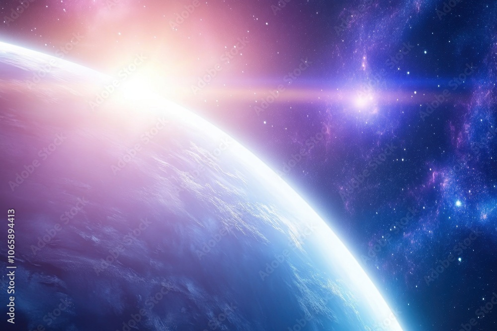 Poster Journey Through the Cosmos as Dawn Breaks Over a Distant Planet in a Vibrant Universe