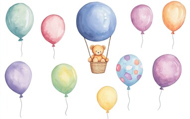 Cute teddy bear in a hot air balloon surrounded by colorful balloons on a cheerful background suitable for children's decorations