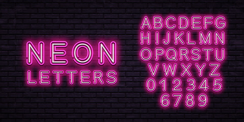 Bright neon letters isolated on dark brick wall background. Vector neon font design.