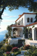 Fototapeta premium A large white house with a pool and a balcony. The house is surrounded by a garden with many plants