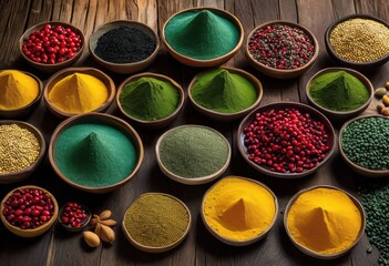 vibrant close diverse superfoods arranged rustic wooden table showcasing bright colors textures, acai, almonds, antioxidant, arrangement, aesthetic