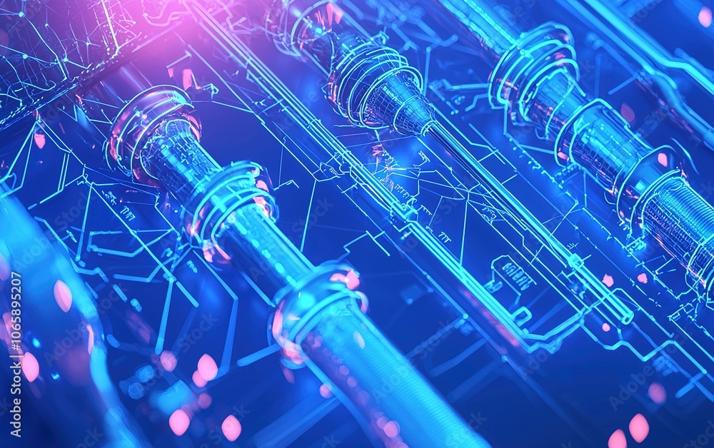 Poster futuristic technology interface showcasing neon tubes and circuit designs illuminated in blue and pi