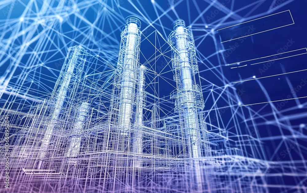 Poster abstract representation of an industrial facility with interconnected structures and towering chimne