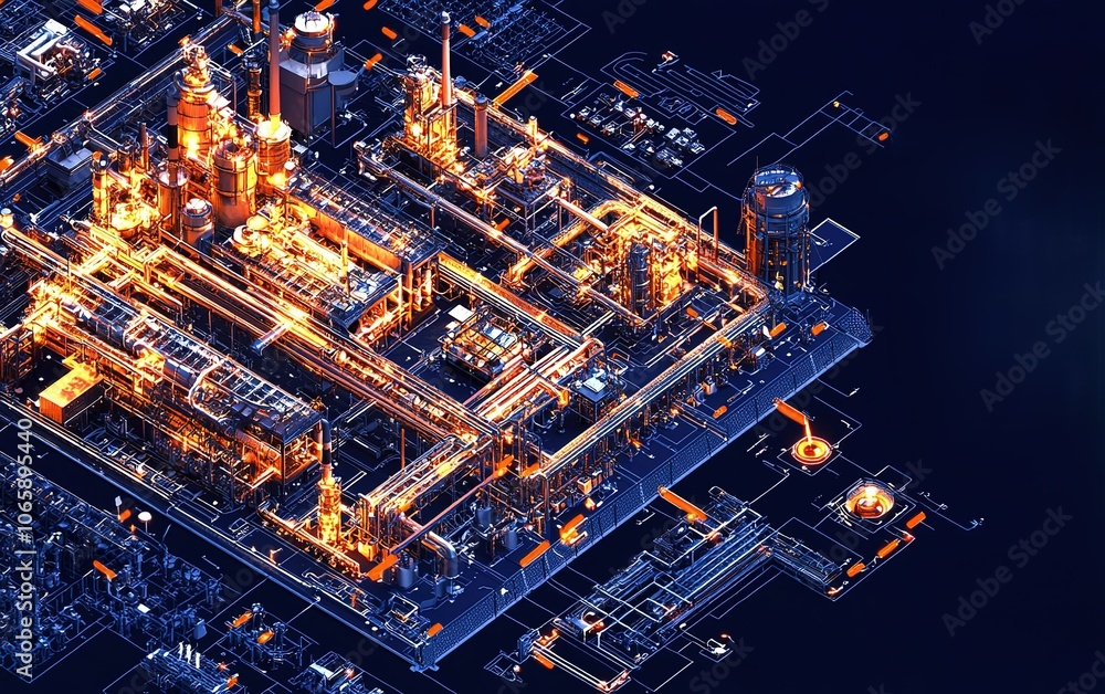 Aufkleber aerial view of a futuristic industrial complex with illuminated structures at night featuring advanc