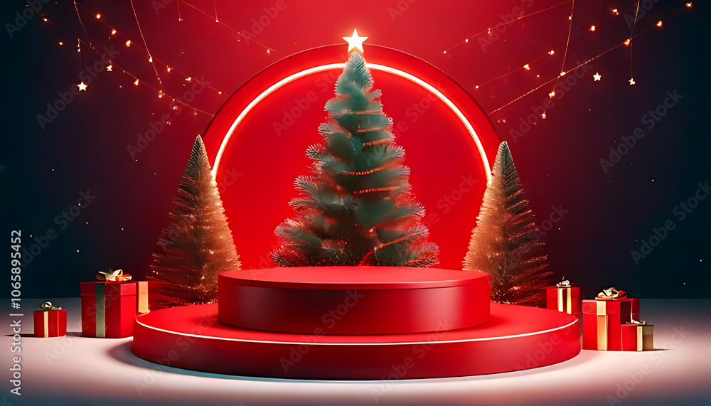 Poster red cylinder podium sits minimalist christmas tree setup modern stage neon lights vector graphics di
