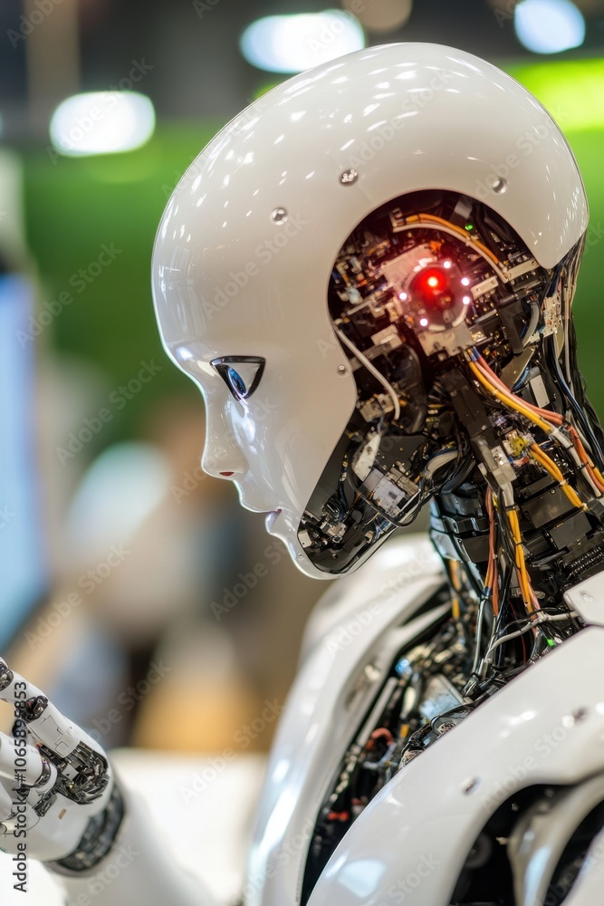 Poster A Close-Up View of a Humanoid Robot Interacting With Technology in a Modern Exhibition Environment
