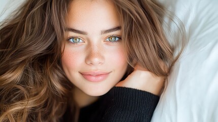Fototapeta premium A stunning 18-year-old French girl with striking blue eyes and flowing brown hair poses in her modern bedroom, smiling softly