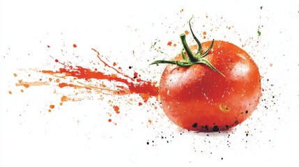 A ripe red tomato is depicted bursting with color, creating splashes of red and orange against a clean white background, showcasing vibrant food artistry