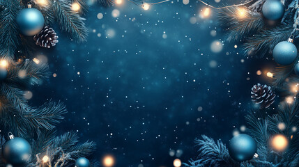 Fototapeta premium Horizontal Christmas or New Year background frame top view, decorative stars, balls and tree branches over blue navy background. Copy space, place for text
