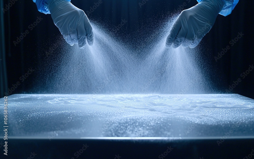 Poster hands in gloves sprinkle a fine powder across a sleek surface in a controlled laboratory environment