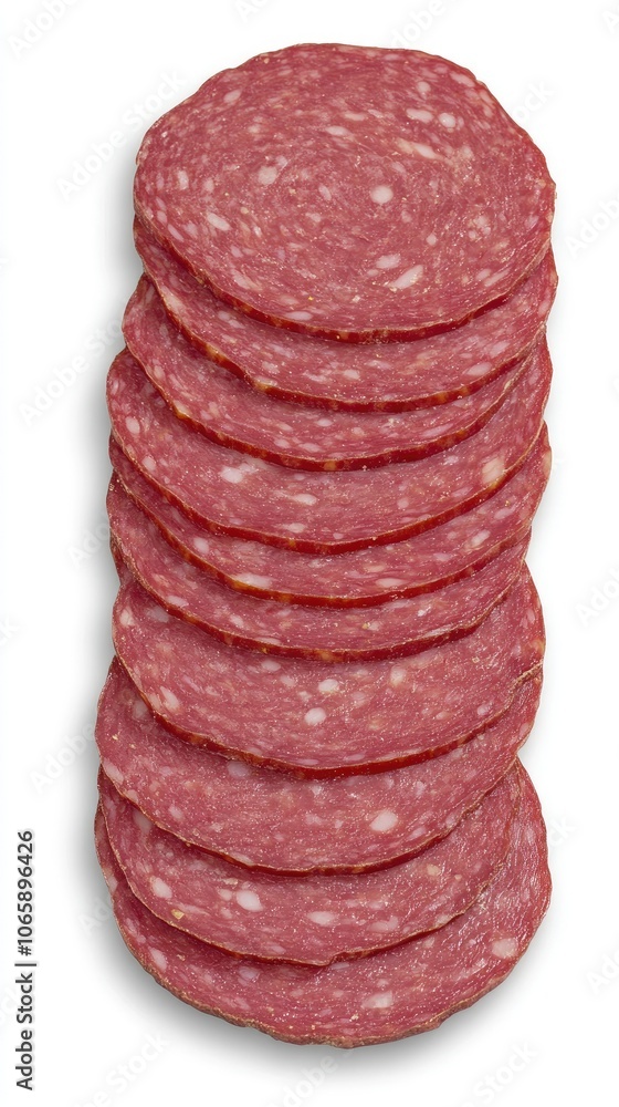Poster sliced italian salami arranged neatly on a clean surface, showcasing its rich color and texture from