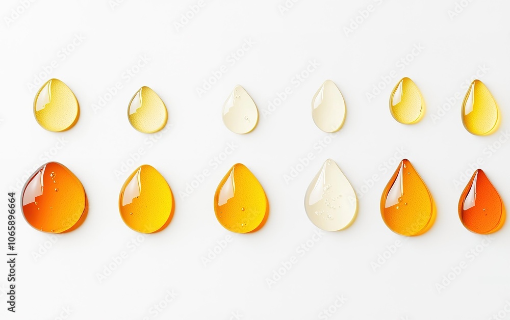 Poster colorful droplets arranged in a neat pattern highlighting variations in texture and hue on a bright 