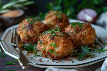 Fototapeta premium Breaded and baked cauliflower steaks are served on a plate and garnished with fresh herbs