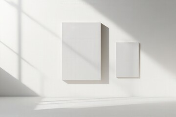 Minimalist white geometric shapes in a bright, clean interior