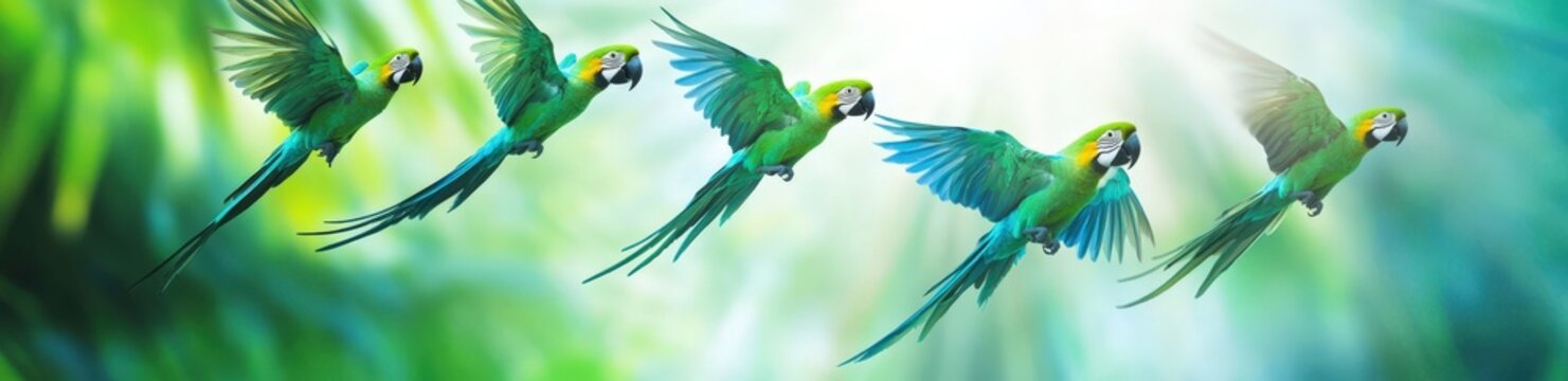 Flock of vibrant green macaw parrots flying in the sky