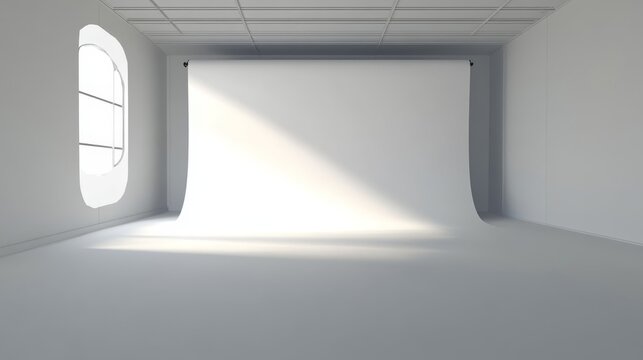 A minimalist studio space with a white backdrop and natural light for photography or video shoots.