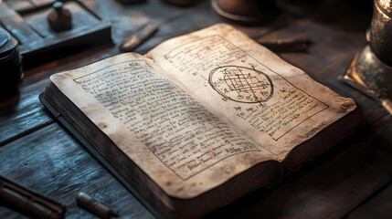 Obraz premium Hyper-realistic ancient alchemical manuscript, with lifelike details of the parchment, ink, and mystical symbols on the page. Mystical. Illustration