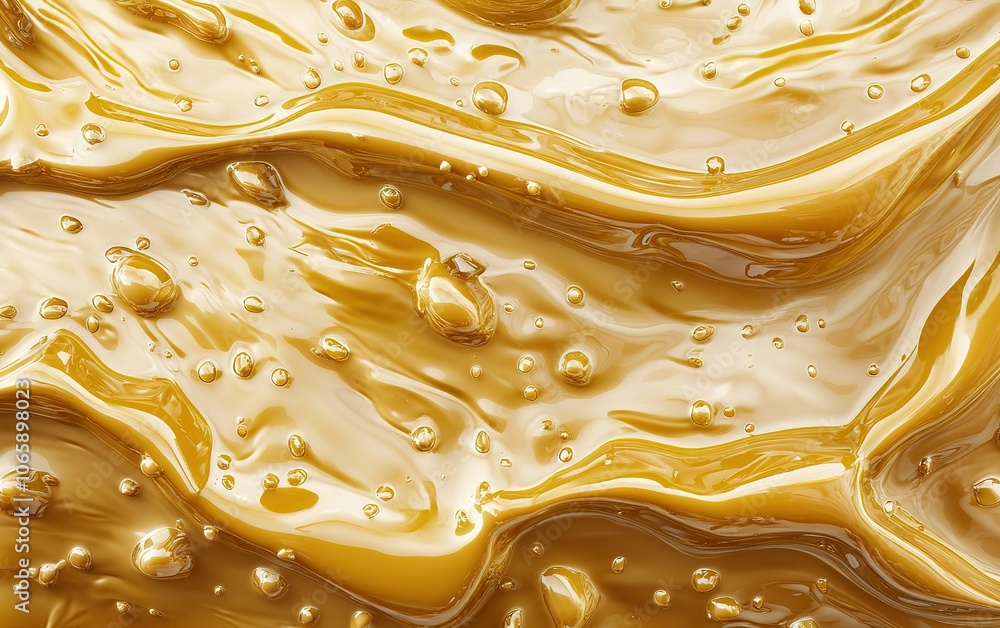 Poster golden liquid texture with swirls and bubbles in a close-up view showcasing the smoothness and shine