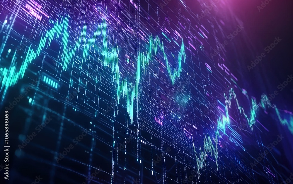Poster visual representation of dynamic financial data trends in a high-tech digital environment with vibra