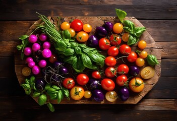 vibrant colorful food arrangement naturally textured surface showcasing fresh ingredients eye catching presentation, setup, table, display, fruits