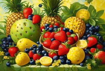 vivid composition floating fresh fruits bright background creating feast eyes, apple, banana, berry, bowl, cherry, color, contrast, dessert, freshness
