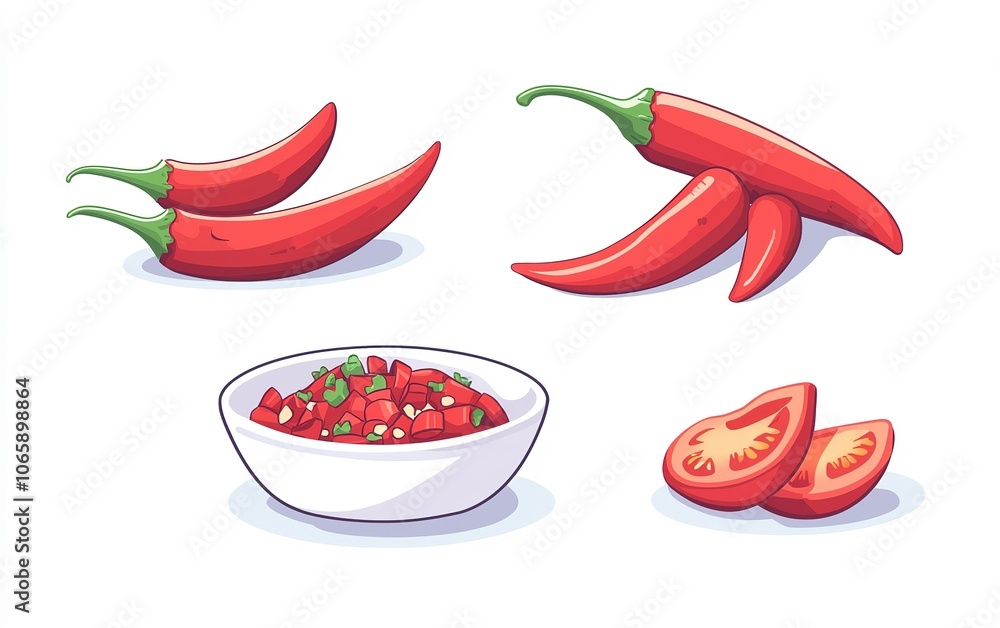 Poster fresh red chili peppers and diced tomatoes arranged with salsa on a clean white background in a colo
