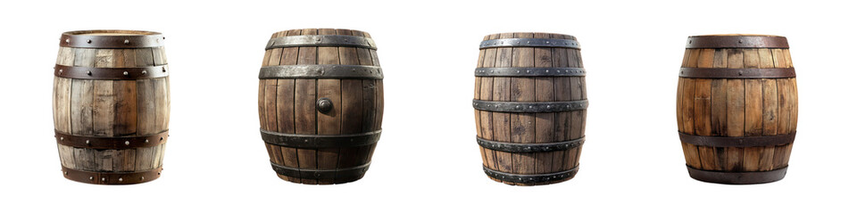 Obraz premium Set of Rustic Wooden Barrels Collection on Transparent Background
