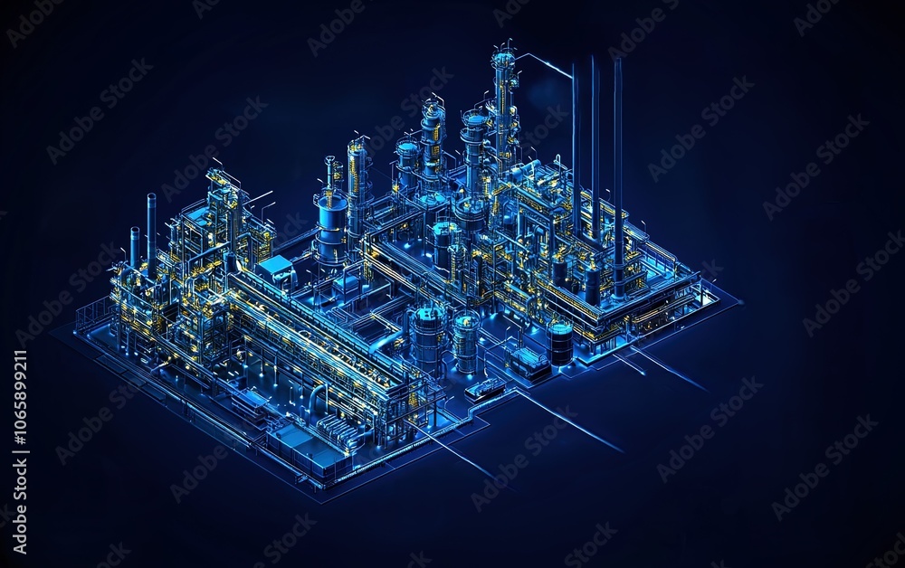 Poster aerial view of a modern industrial complex with illuminated structures showcasing advanced technolog