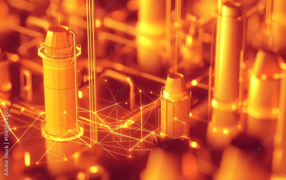 Poster abstract representation of futuristic data processing with glowing orange towers and interconnected 