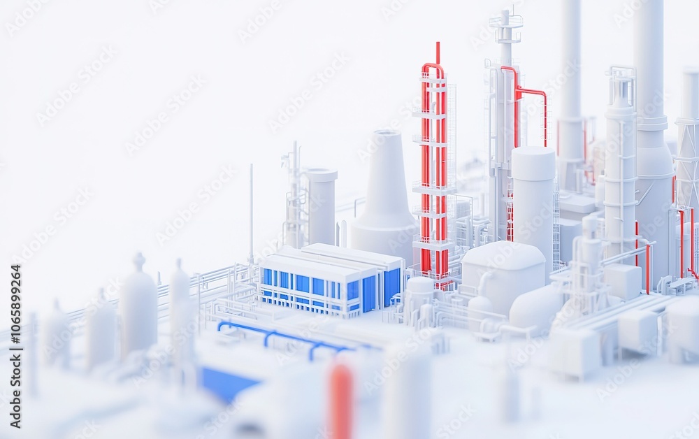 Poster detailed model of a modern industrial facility showing intricate structures and pipelines in an arti