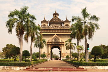 View onto the Patuxai Monument, a war monument in the city center of Vientiane, Laos