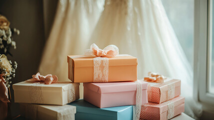 Pastel colored wedding gifts with ribbons are arranged by a window with a wedding gown in the distance