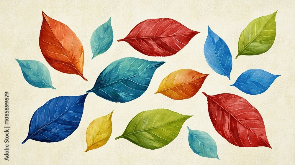 Poster colorful array of leaves in various shapes and sizes on a light background showcasing autumn hues an